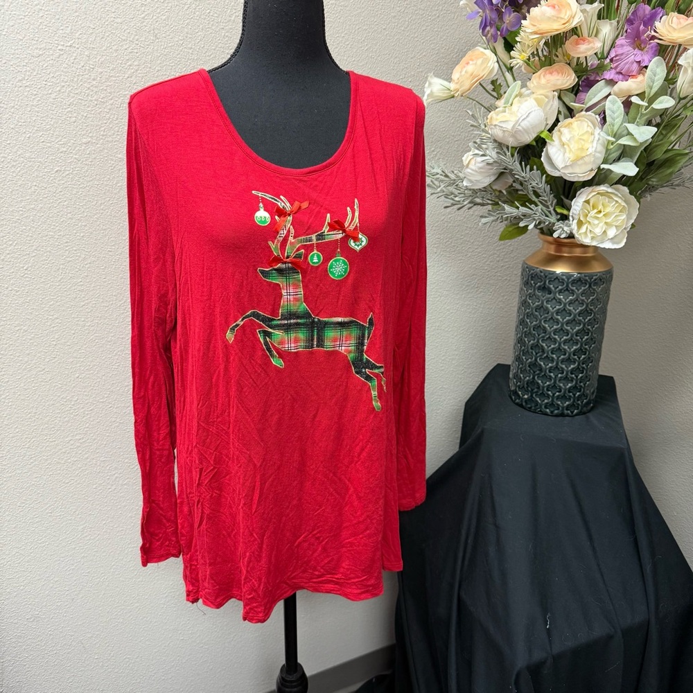 Rebecca Malone Red Plaid Reindeer Long Sleeve Christmas Holiday Top XL